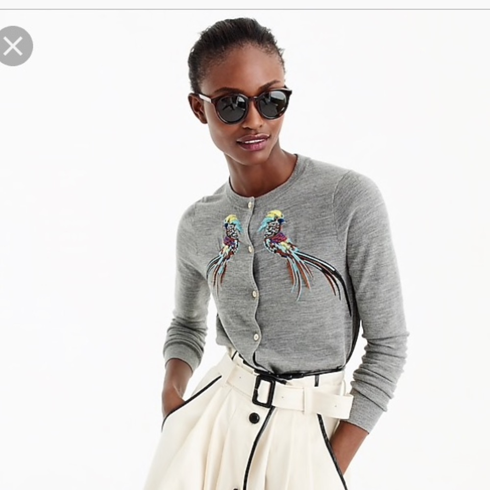 J. Crew Gray Cardigan with Colorful Bird Embroidery